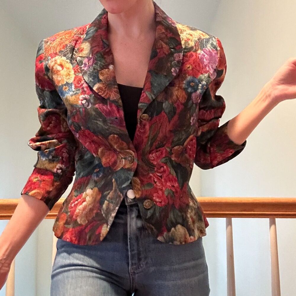 VINTAGE Monsoon Twilight Moody Floral Crop Peplum Blazer Jacket US Sz 8 UK 10